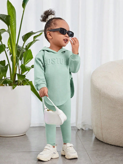 Baby Girl Casual Hooded Long Sleeve Top & Pants In Grayish Green With Letter Embossing