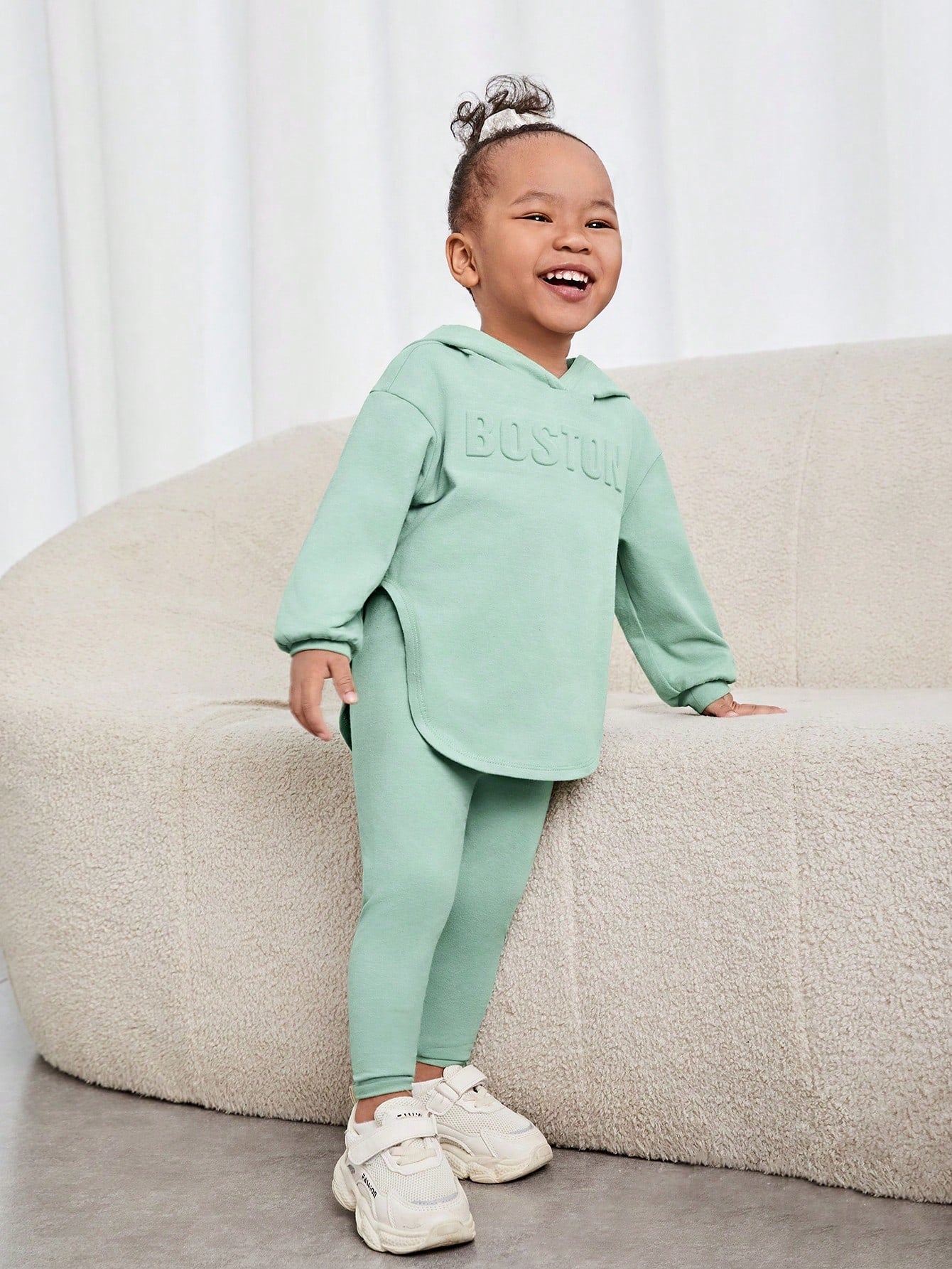 Baby Girl Casual Hooded Long Sleeve Top & Pants In Grayish Green With Letter Embossing