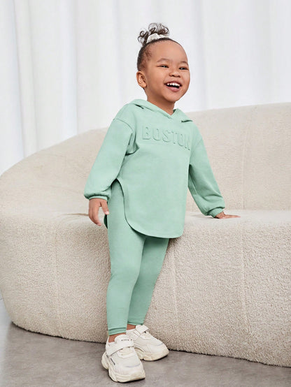 Baby Girl Casual Hooded Long Sleeve Top & Pants In Grayish Green With Letter Embossing
