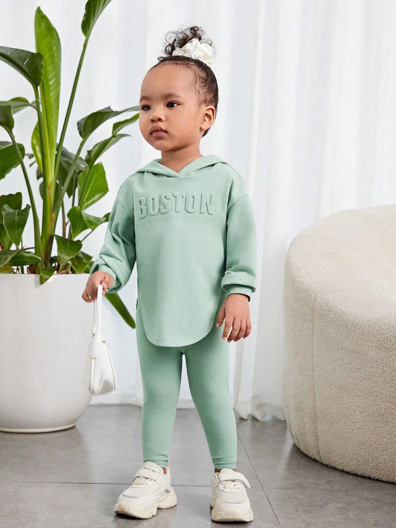 Baby Girl Casual Hooded Long Sleeve Top & Pants In Grayish Green With Letter Embossing