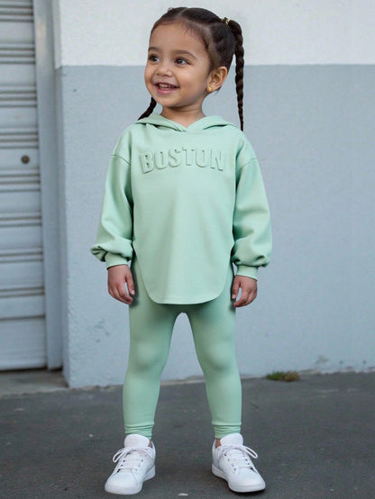 Baby Girl Casual Hooded Long Sleeve Top & Pants In Grayish Green With Letter Embossing