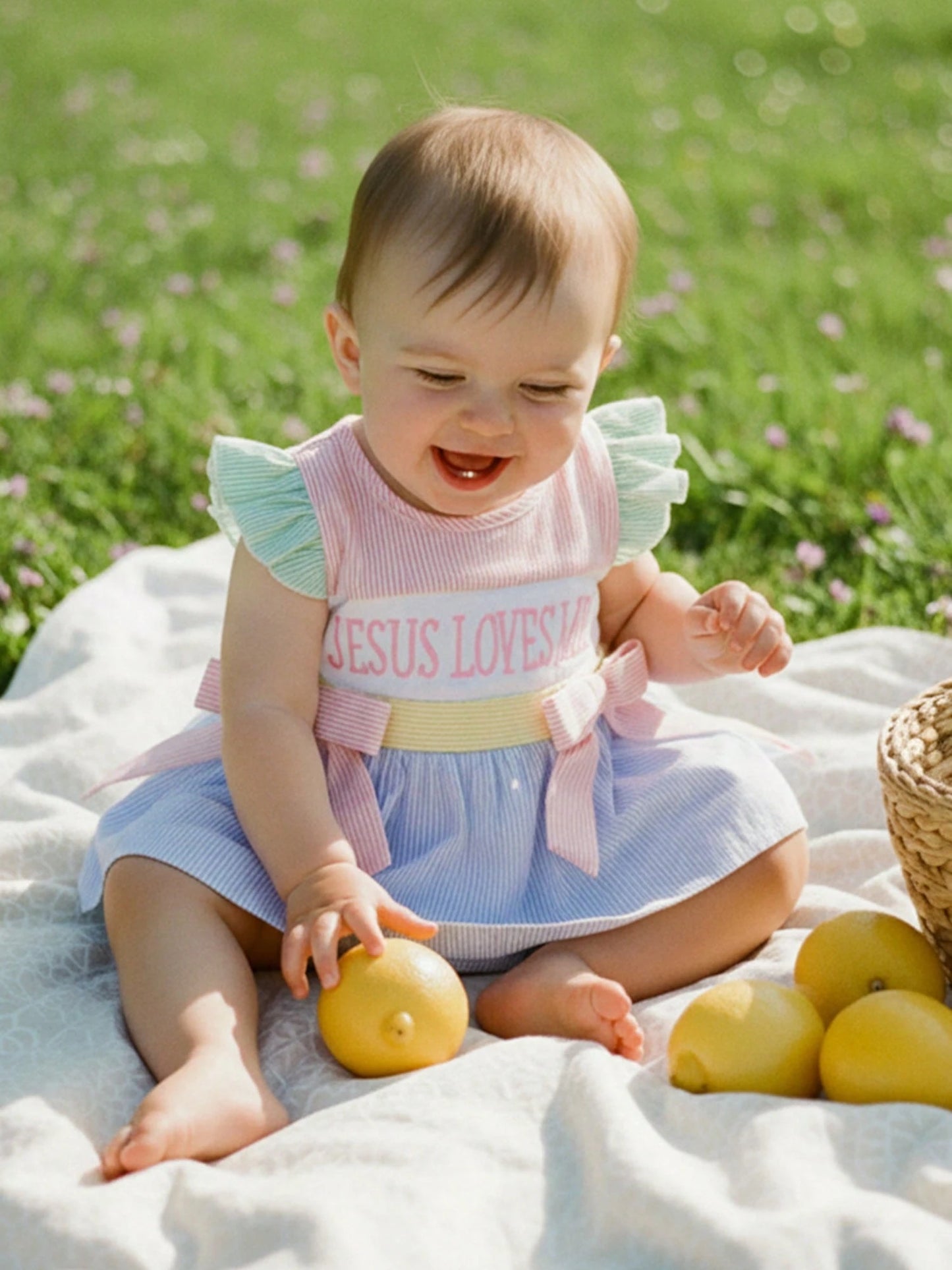 Baby Girl Christian Clothes Jesus Loves Me Romper Dress Ruffle Sleeveless Striped Bodysuit Easter Baptism Outfit