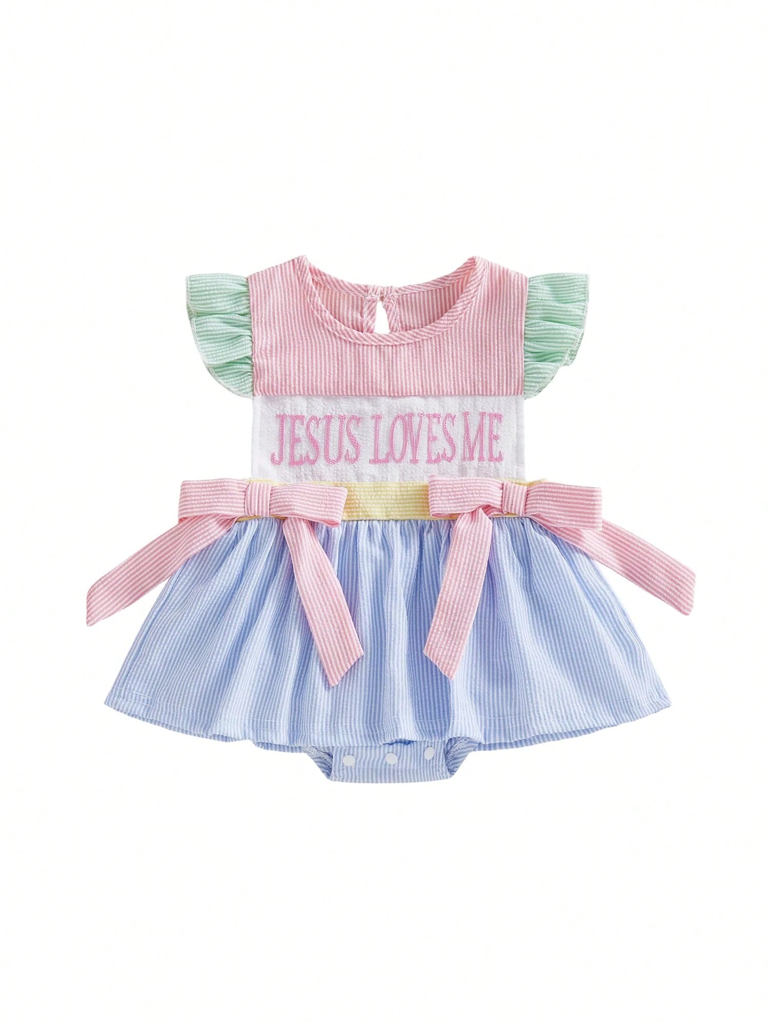 Baby Girl Christian Clothes Jesus Loves Me Romper Dress Ruffle Sleeveless Striped Bodysuit Easter Baptism Outfit