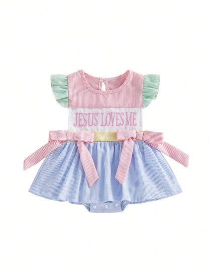 Baby Girl Christian Clothes Jesus Loves Me Romper Dress Ruffle Sleeveless Striped Bodysuit Easter Baptism Outfit