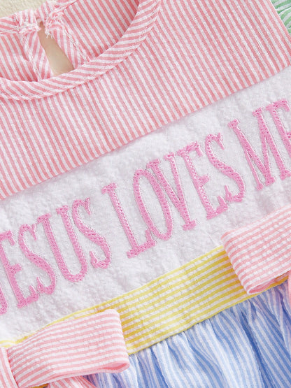 Baby Girl Christian Clothes Jesus Loves Me Romper Dress Ruffle Sleeveless Striped Bodysuit Easter Baptism Outfit