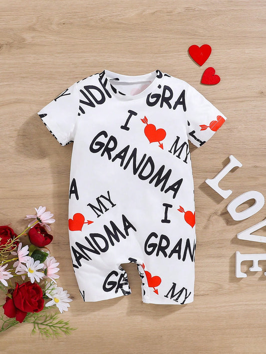 Baby Girl Cute Casual Letter And Heart Printed Short Sleeve Romper With Round Neckline, Comfortable For Daily Wear In Summer (Can Be Worn Outside)