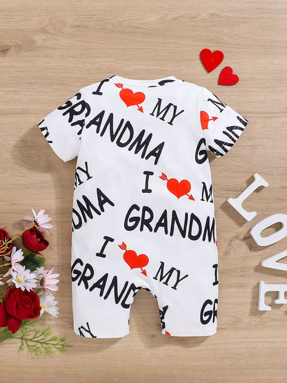 Baby Girl Cute Casual Letter And Heart Printed Short Sleeve Romper With Round Neckline, Comfortable For Daily Wear In Summer (Can Be Worn Outside)