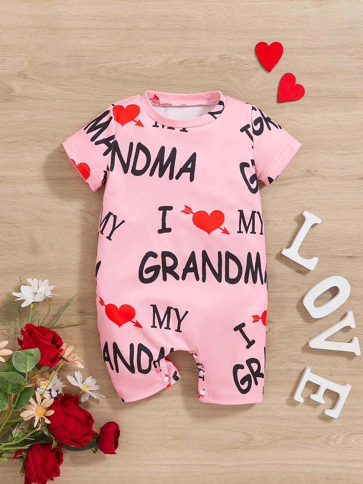 Baby Girl Cute Casual Letter And Heart Printed Short Sleeve Romper With Round Neckline, Comfortable For Daily Wear In Summer (Can Be Worn Outside)
