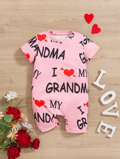 Baby Girl Cute Casual Letter And Heart Printed Short Sleeve Romper With Round Neckline, Comfortable For Daily Wear In Summer (Can Be Worn Outside)