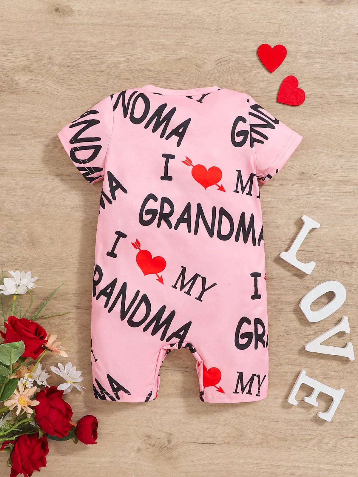 Baby Girl Cute Casual Letter And Heart Printed Short Sleeve Romper With Round Neckline, Comfortable For Daily Wear In Summer (Can Be Worn Outside)