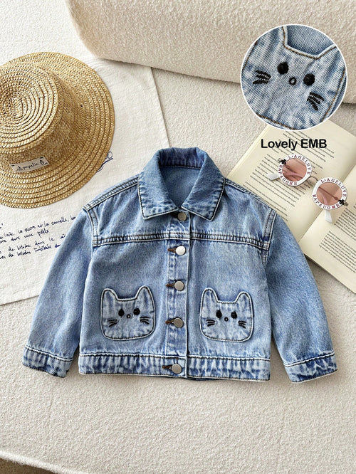 Baby Girl Cute Cat Shaped Embroidered Pocket Blue Denim Loose Long Sleeve Jacket,Fall Clothes,For Baby Back To School Clothes,Toddler Jacket