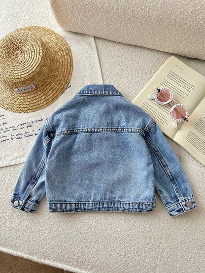 Baby Girl Cute Cat Shaped Embroidered Pocket Blue Denim Loose Long Sleeve Jacket,Fall Clothes,For Baby Back To School Clothes,Toddler Jacket