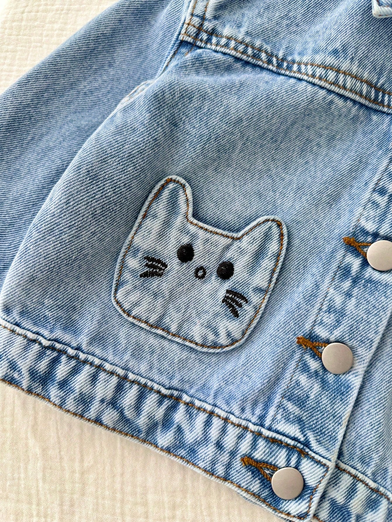 Baby Girl Cute Cat Shaped Embroidered Pocket Blue Denim Loose Long Sleeve Jacket,Fall Clothes,For Baby Back To School Clothes,Toddler Jacket