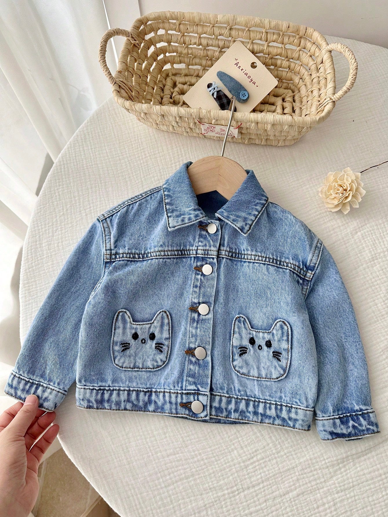 Baby Girl Cute Cat Shaped Embroidered Pocket Blue Denim Loose Long Sleeve Jacket,Fall Clothes,For Baby Back To School Clothes,Toddler Jacket