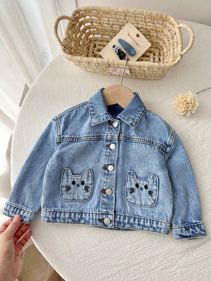 Baby Girl Cute Cat Shaped Embroidered Pocket Blue Denim Loose Long Sleeve Jacket,Fall Clothes,For Baby Back To School Clothes,Toddler Jacket