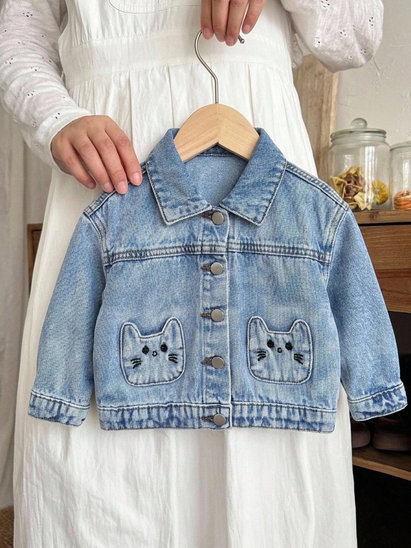 Baby Girl Cute Cat Shaped Embroidered Pocket Blue Denim Loose Long Sleeve Jacket,Fall Clothes,For Baby Back To School Clothes,Toddler Jacket