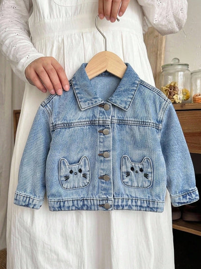 Baby Girl Cute Cat Shaped Embroidered Pocket Blue Denim Loose Long Sleeve Jacket,Fall Clothes,For Baby Back To School Clothes,Toddler Jacket