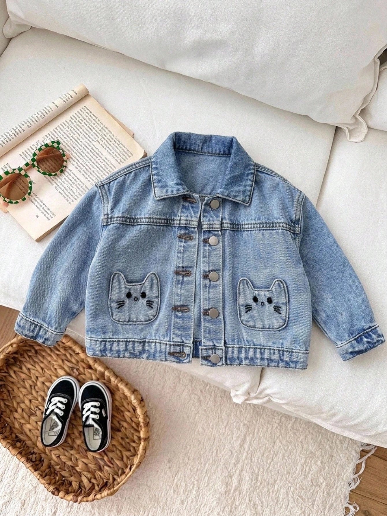 Baby Girl Cute Cat Shaped Embroidered Pocket Blue Denim Loose Long Sleeve Jacket,Fall Clothes,For Baby Back To School Clothes,Toddler Jacket