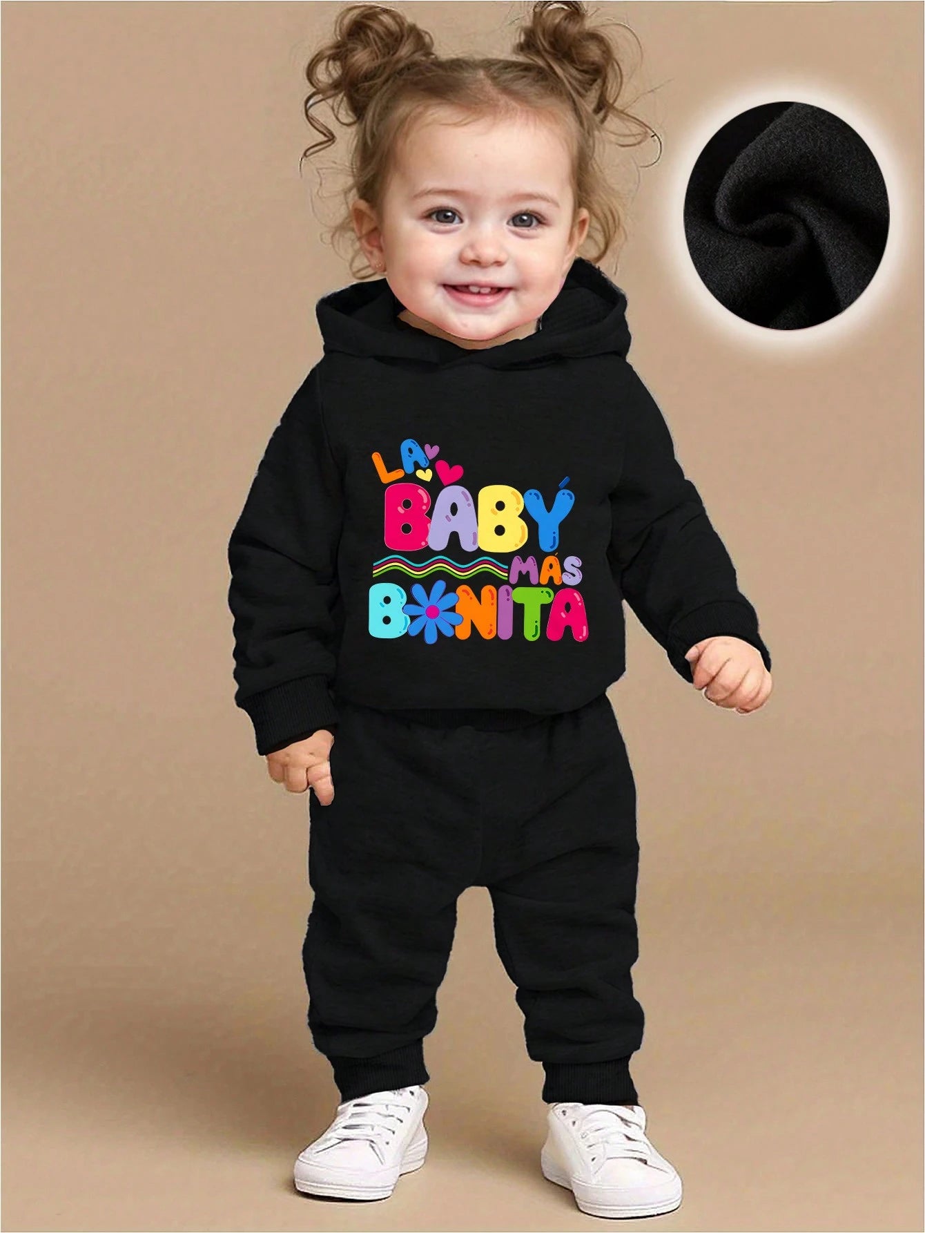 Baby Girl Cute Colorful Letter Print Fleece Hoodie & Pants Set, Casual Fashion Autumn Winter