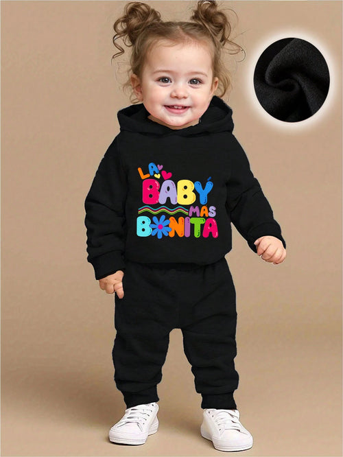 Baby Girl Cute Colorful Letter Print Fleece Hoodie & Pants Set, Casual Fashion Autumn Winter