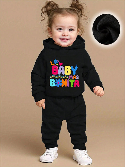 Baby Girl Cute Colorful Letter Print Fleece Hoodie & Pants Set, Casual Fashion Autumn Winter