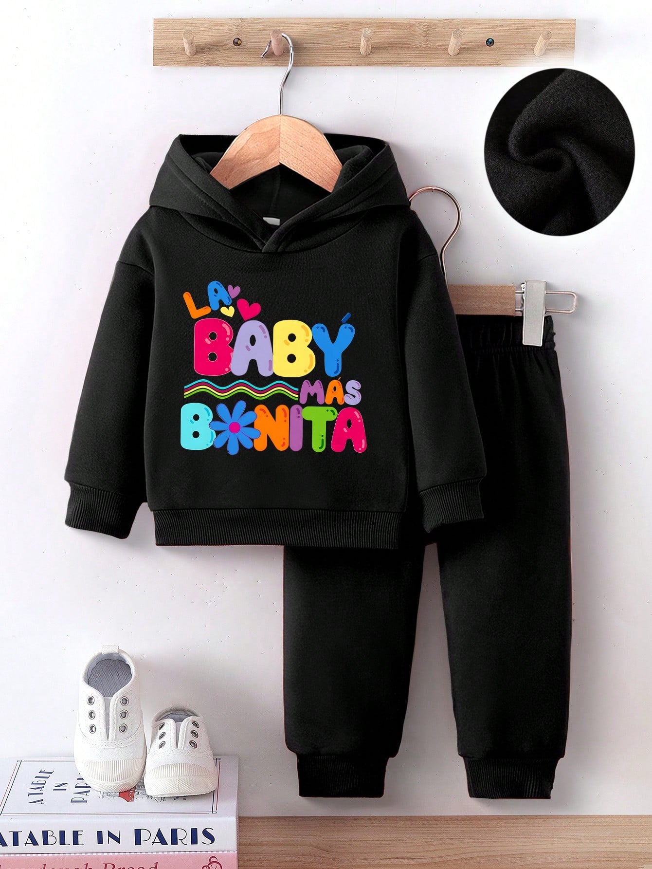 Baby Girl Cute Colorful Letter Print Fleece Hoodie & Pants Set, Casual Fashion Autumn Winter