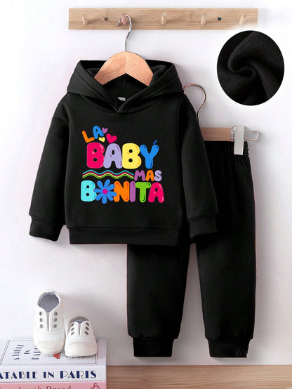 Baby Girl Cute Colorful Letter Print Fleece Hoodie & Pants Set, Casual Fashion Autumn Winter