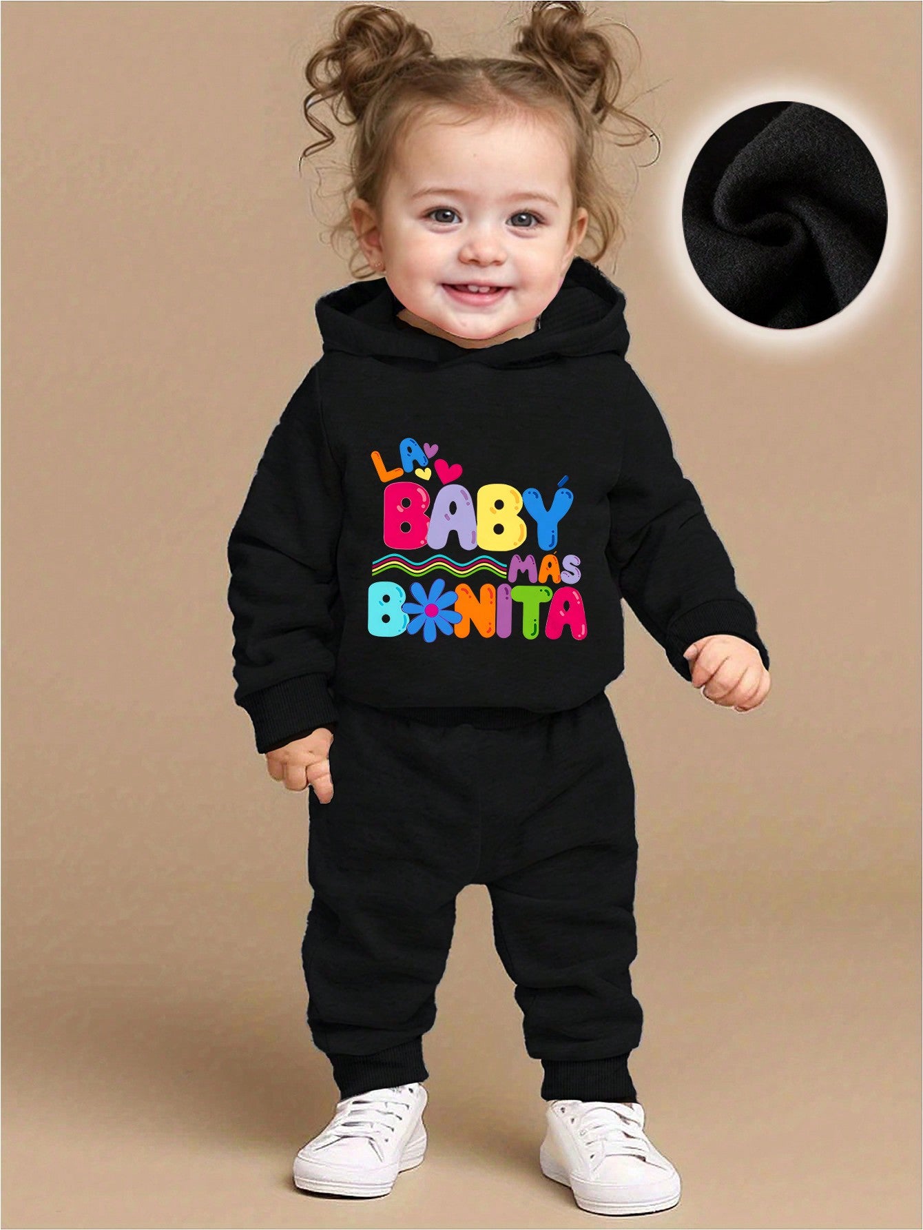 Baby Girl Cute Colorful Letter Print Fleece Hoodie & Pants Set, Casual Fashion Autumn Winter