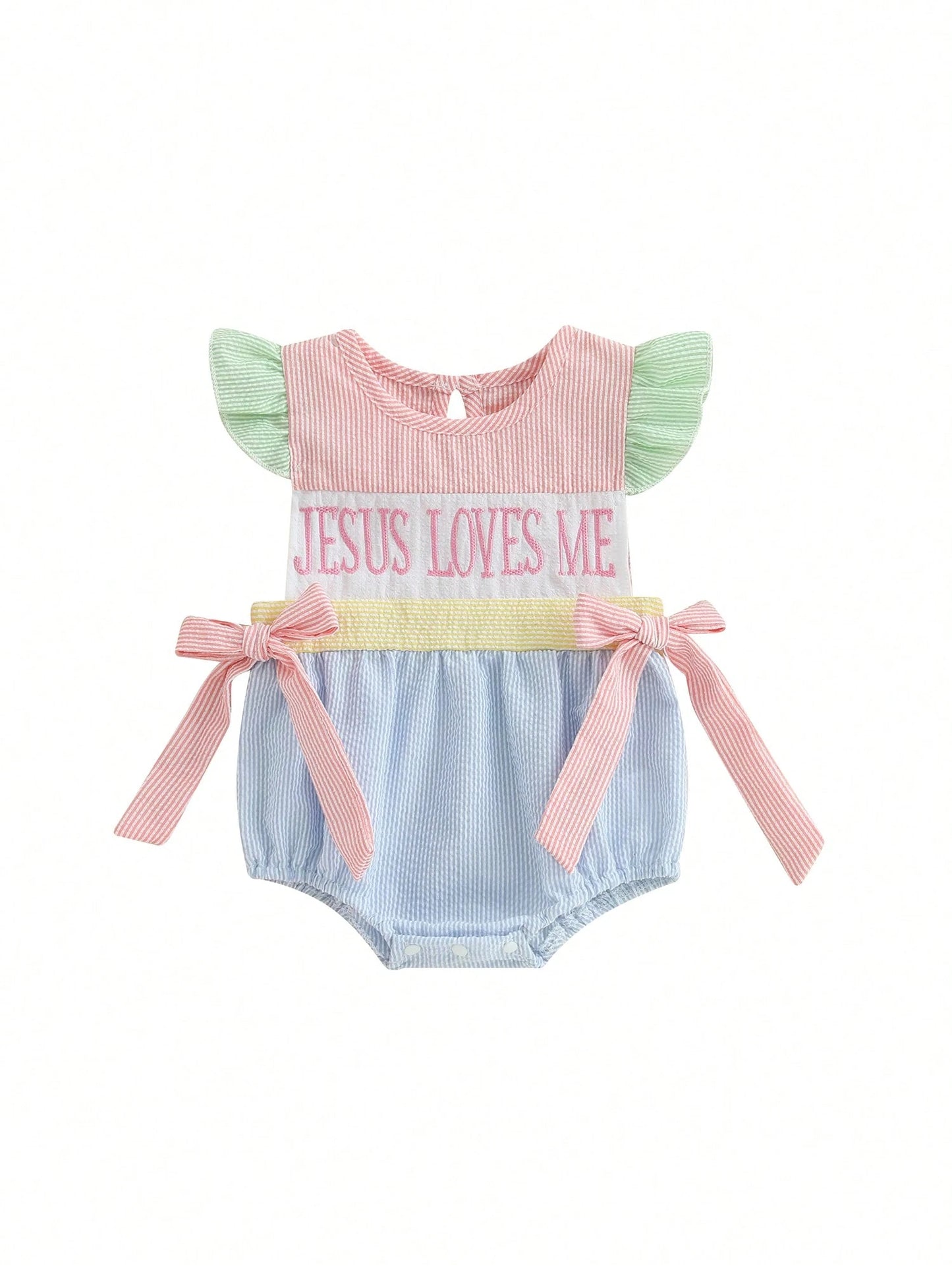 Baby Girl Easter Romper Ruffle Sleeveless Round Neck Stripes Print Bodysuit Newborn Outfit