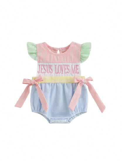 Baby Girl Easter Romper Ruffle Sleeveless Round Neck Stripes Print Bodysuit Newborn Outfit