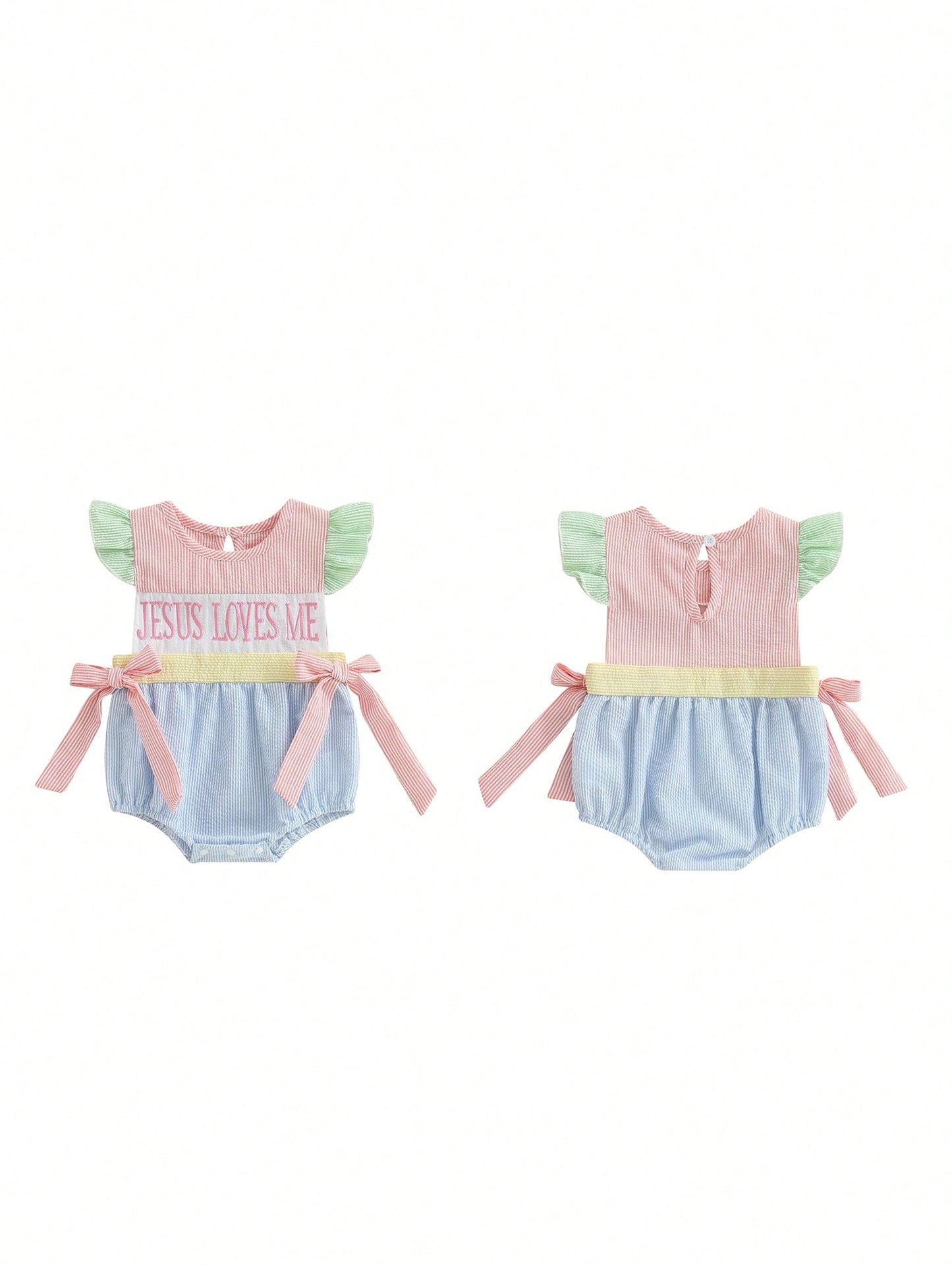 Baby Girl Easter Romper Ruffle Sleeveless Round Neck Stripes Print Bodysuit Newborn Outfit