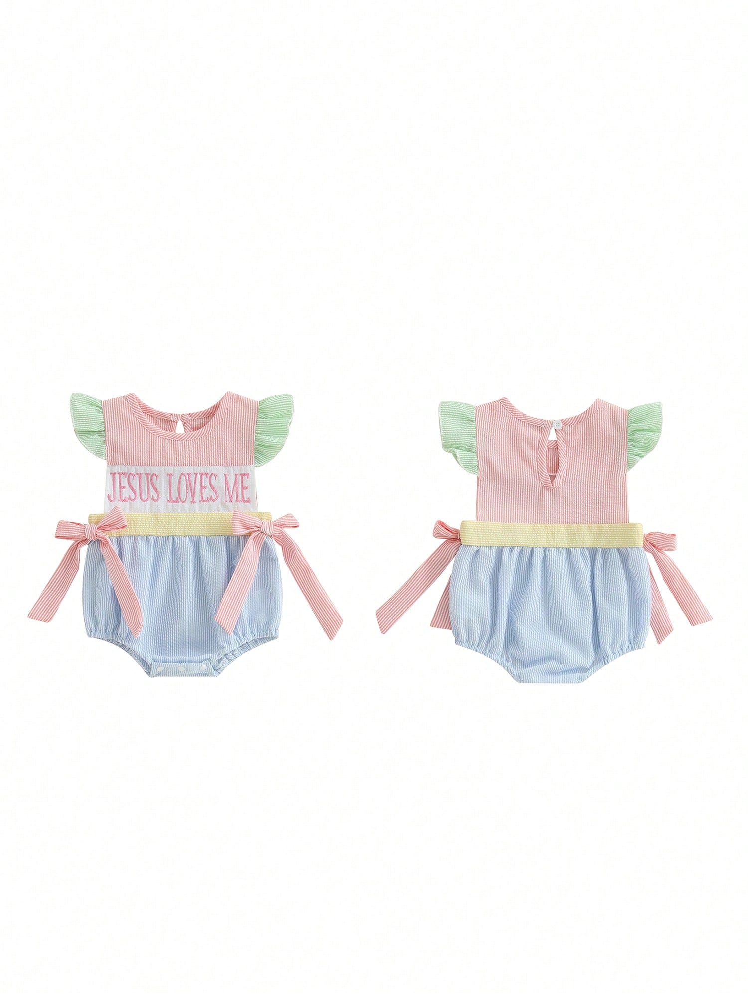Baby Girl Easter Romper Ruffle Sleeveless Round Neck Stripes Print Bodysuit Newborn Outfit