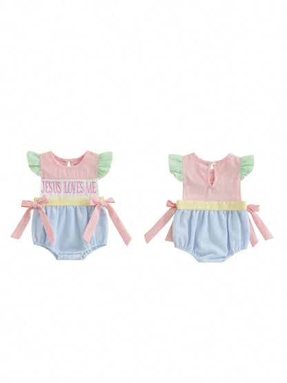 Baby Girl Easter Romper Ruffle Sleeveless Round Neck Stripes Print Bodysuit Newborn Outfit