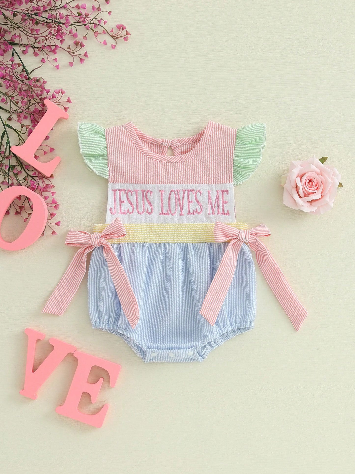 Baby Girl Easter Romper Ruffle Sleeveless Round Neck Stripes Print Bodysuit Newborn Outfit