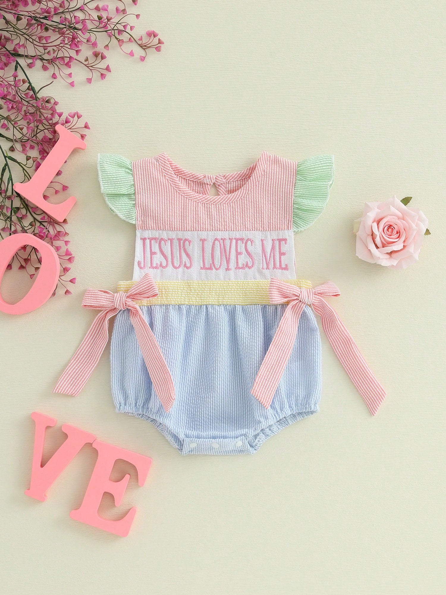 Baby Girl Easter Romper Ruffle Sleeveless Round Neck Stripes Print Bodysuit Newborn Outfit