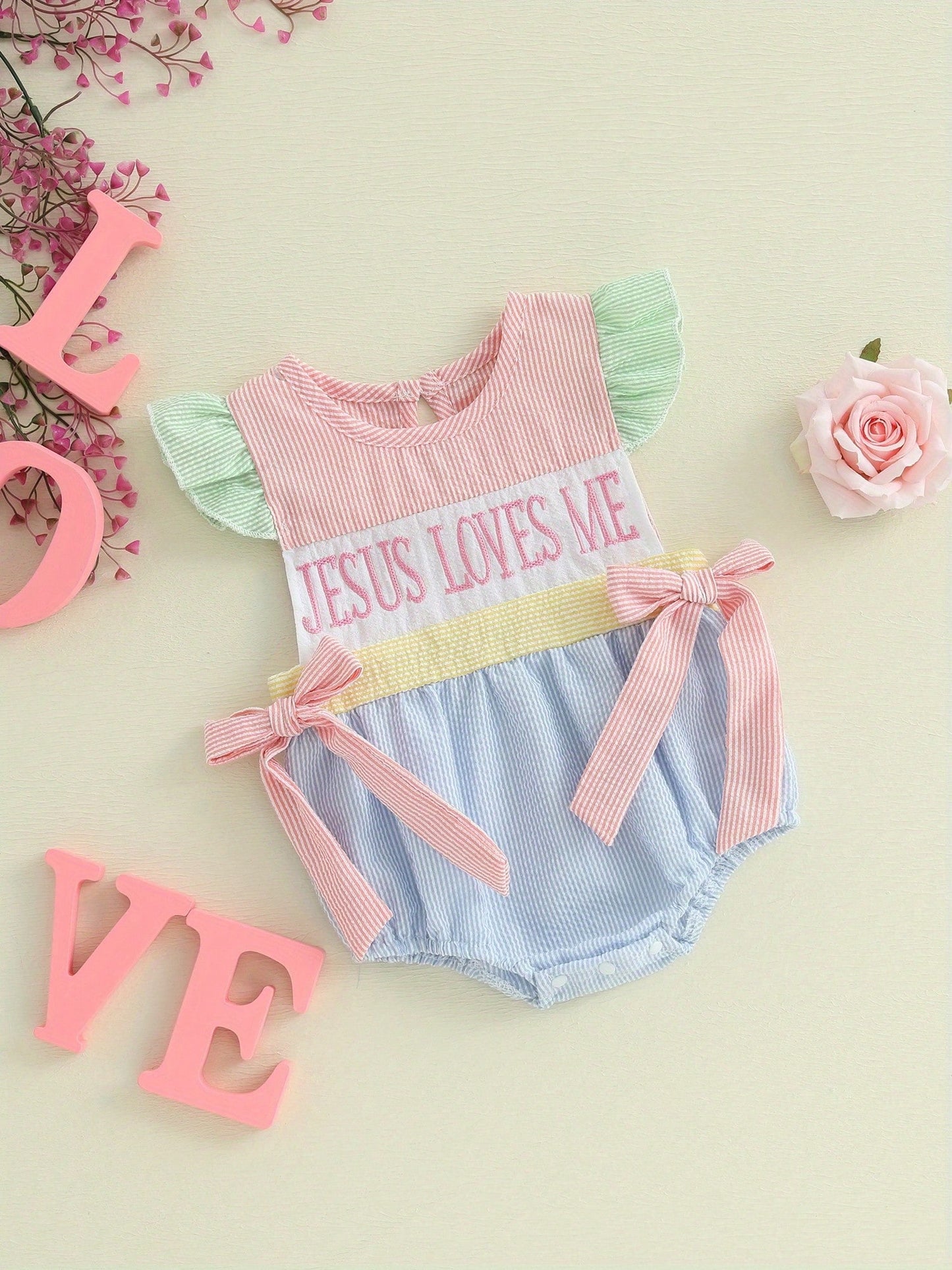 Baby Girl Easter Romper Ruffle Sleeveless Round Neck Stripes Print Bodysuit Newborn Outfit