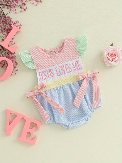 Baby Girl Easter Romper Ruffle Sleeveless Round Neck Stripes Print Bodysuit Newborn Outfit