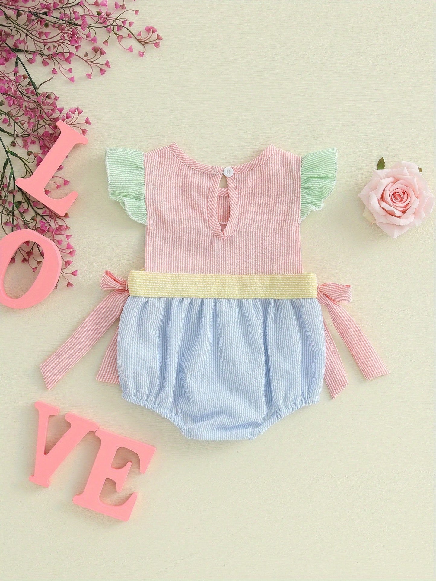 Baby Girl Easter Romper Ruffle Sleeveless Round Neck Stripes Print Bodysuit Newborn Outfit