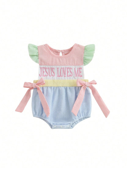 Baby Girl Easter Romper Ruffle Sleeveless Round Neck Stripes Print Bodysuit Newborn Outfit