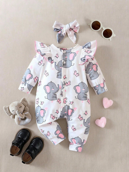 Baby Girl Elephant Print Ruffle Trim Jumpsuit & Headband
