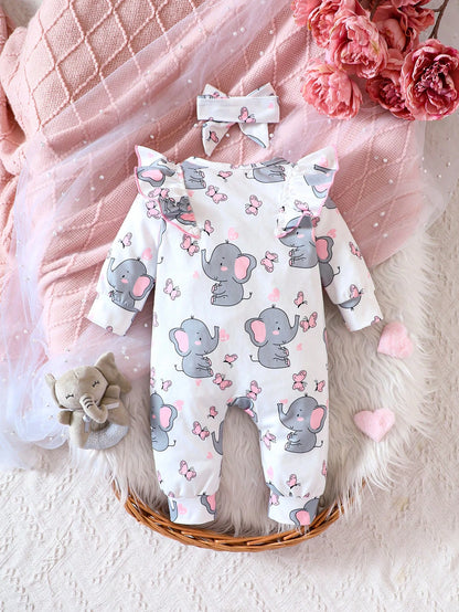 Baby Girl Elephant Print Ruffle Trim Jumpsuit & Headband