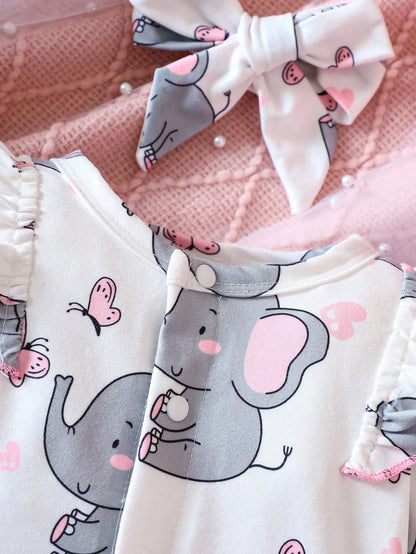 Baby Girl Elephant Print Ruffle Trim Jumpsuit & Headband