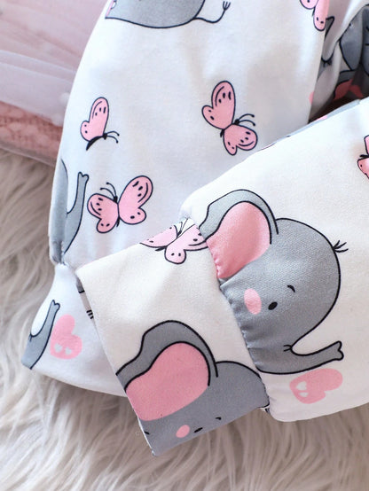 Baby Girl Elephant Print Ruffle Trim Jumpsuit & Headband