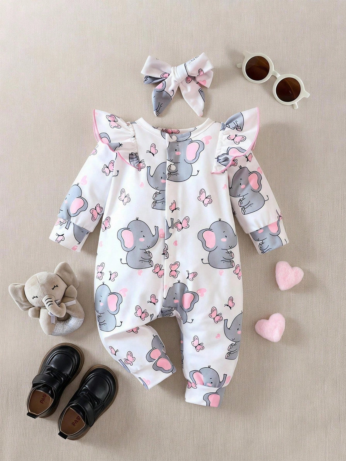 Baby Girl Elephant Print Ruffle Trim Jumpsuit & Headband