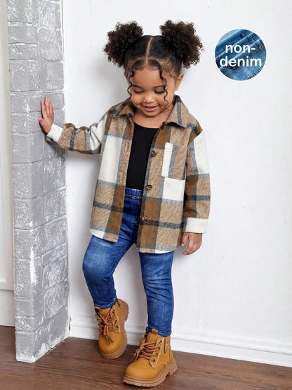 Baby Girl Girls' Plaid Shirt, Solid-Color Camisole, And Blue Pants Set-Suitable For Holidays, Halloween, School Events, And Everyday Fall Wear