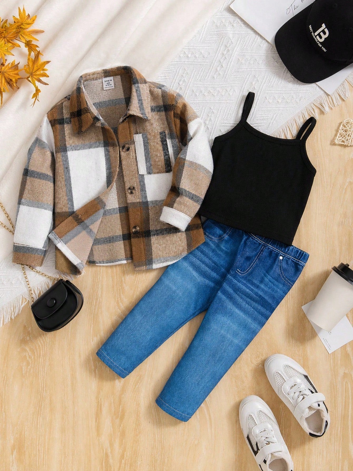 Baby Girl Girls' Plaid Shirt, Solid-Color Camisole, And Blue Pants Set-Suitable For Holidays, Halloween, School Events, And Everyday Fall Wear