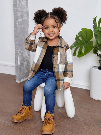 Baby Girl Girls' Plaid Shirt, Solid-Color Camisole, And Blue Pants Set-Suitable For Holidays, Halloween, School Events, And Everyday Fall Wear