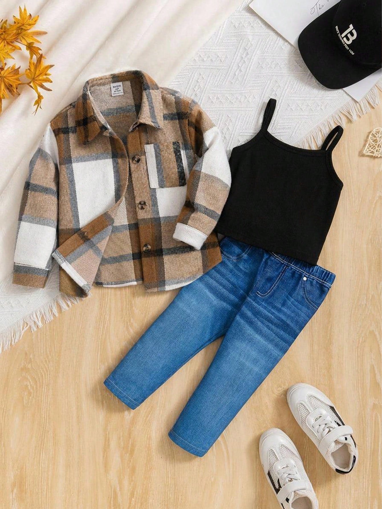 Baby Girl Girls' Plaid Shirt, Solid-Color Camisole, And Blue Pants Set-Suitable For Holidays, Halloween, School Events, And Everyday Fall Wear
