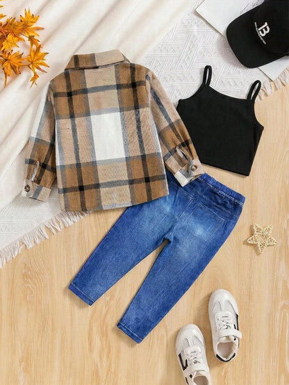 Baby Girl Girls' Plaid Shirt, Solid-Color Camisole, And Blue Pants Set-Suitable For Holidays, Halloween, School Events, And Everyday Fall Wear