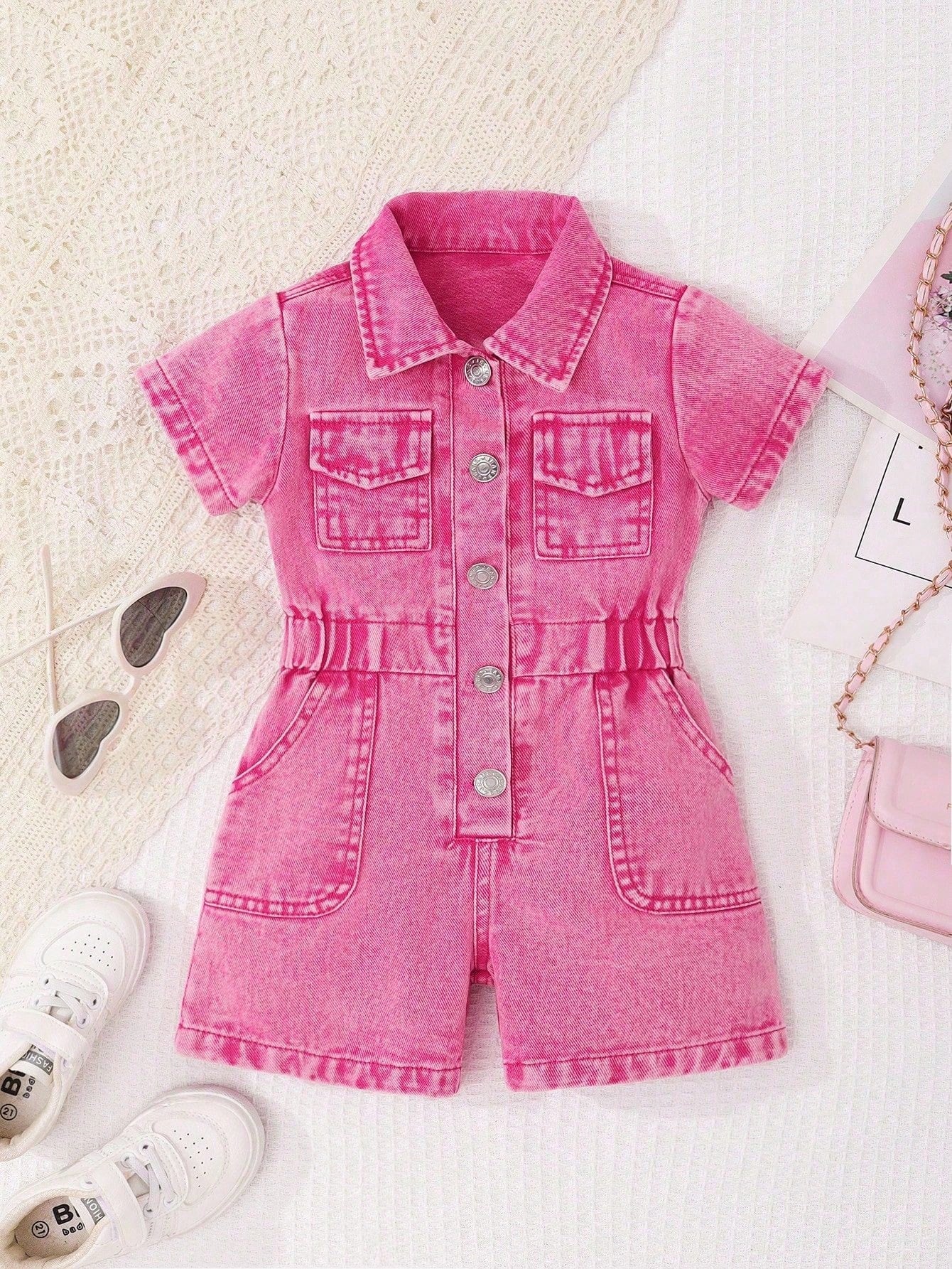 Baby Girl Personalized Versatile Comfortable Casual Vacation Fashion Street Pink Washed Soft Non-Stretch Sleeveless Short Romper Lightweight Summer